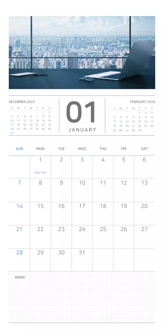 Simple business concept wall calendar in blue and white
