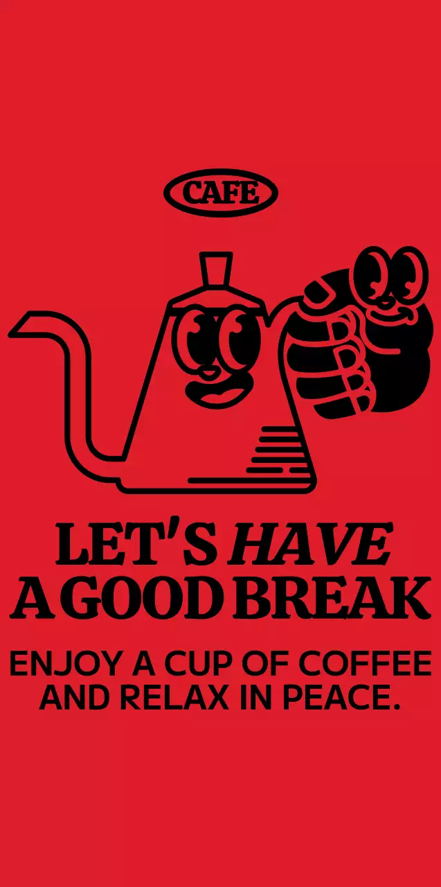 Cute and hip coffee pot and hand character style in red and black for cafe merchandise