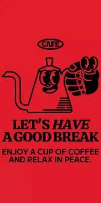 Cute and hip coffee pot and hand character style in red and black for cafe merchandise