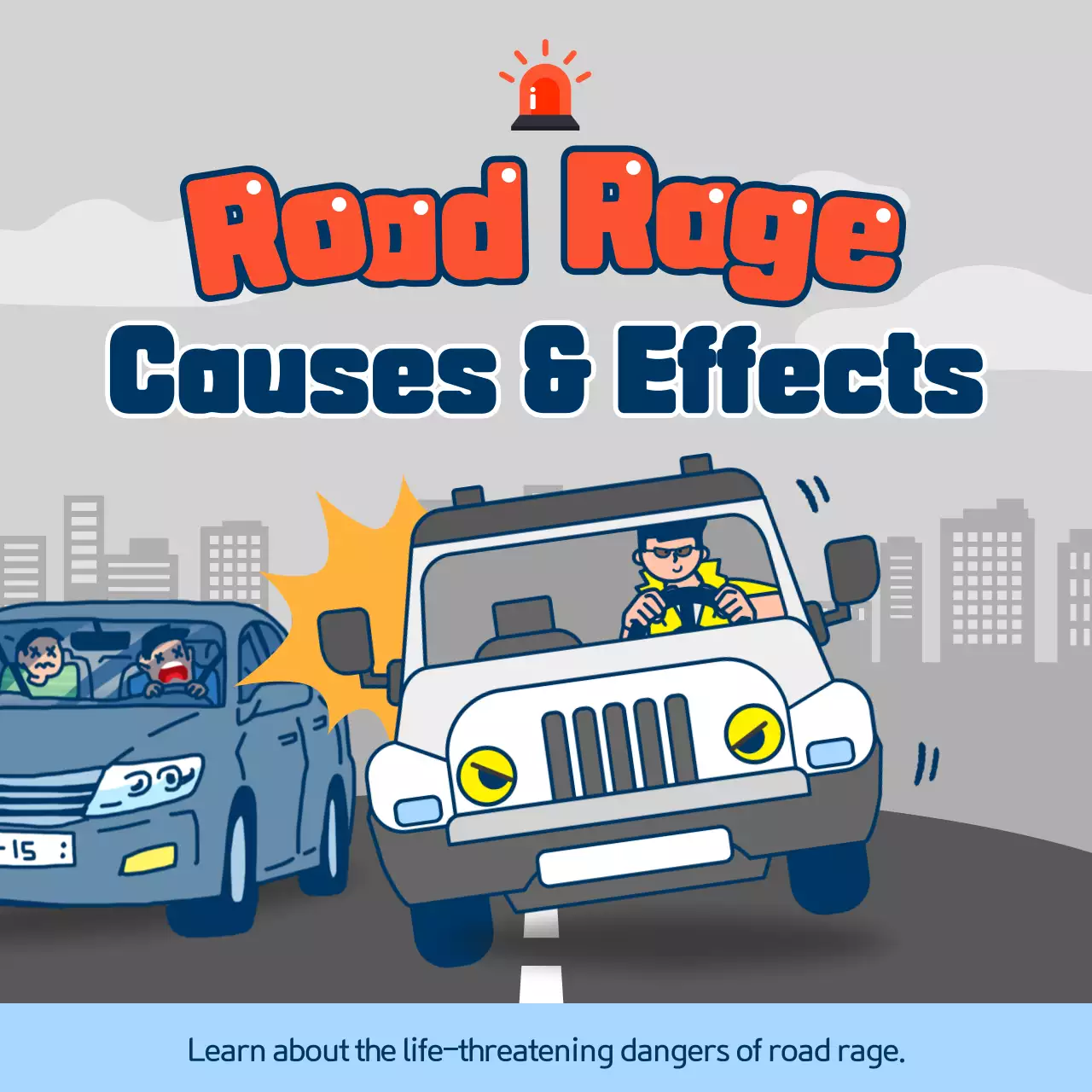 Causes and types of retaliatory driving in light blue and gray illustration concept