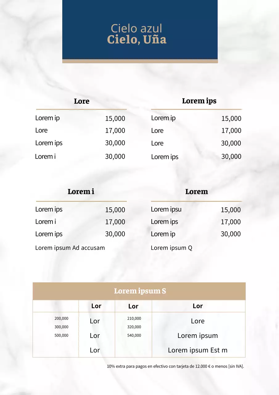 Promueva un lujoso tablero de menús de nail art con un estampado de mármol en azul y dorado