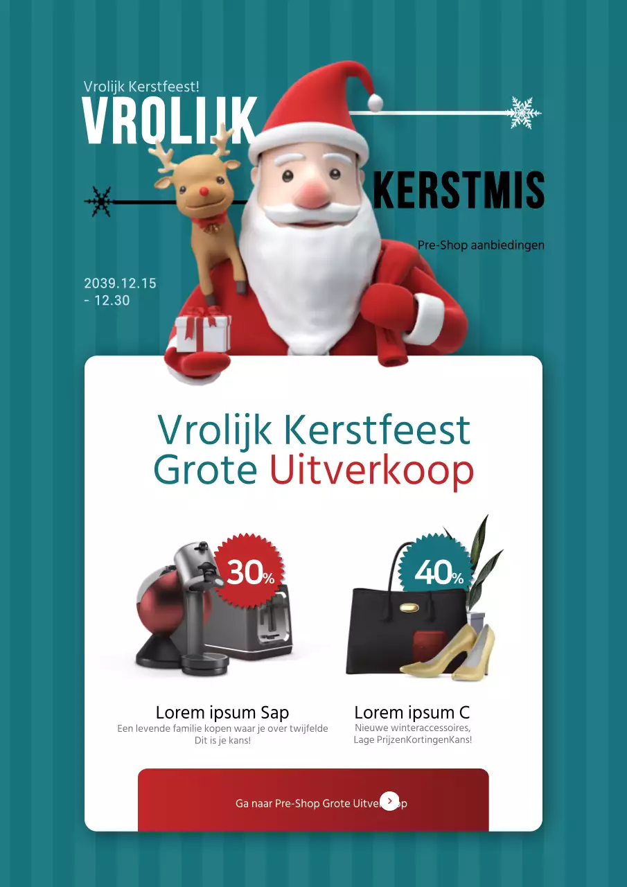 Kerstartikelen met turquoise en rode kerstmanfiguren in de uitverkoop