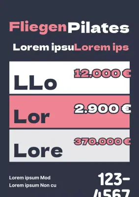 Eine einfache Werbung für eine Pilates-Schule mit einer Speisekarte in Marineblau und Rosa.