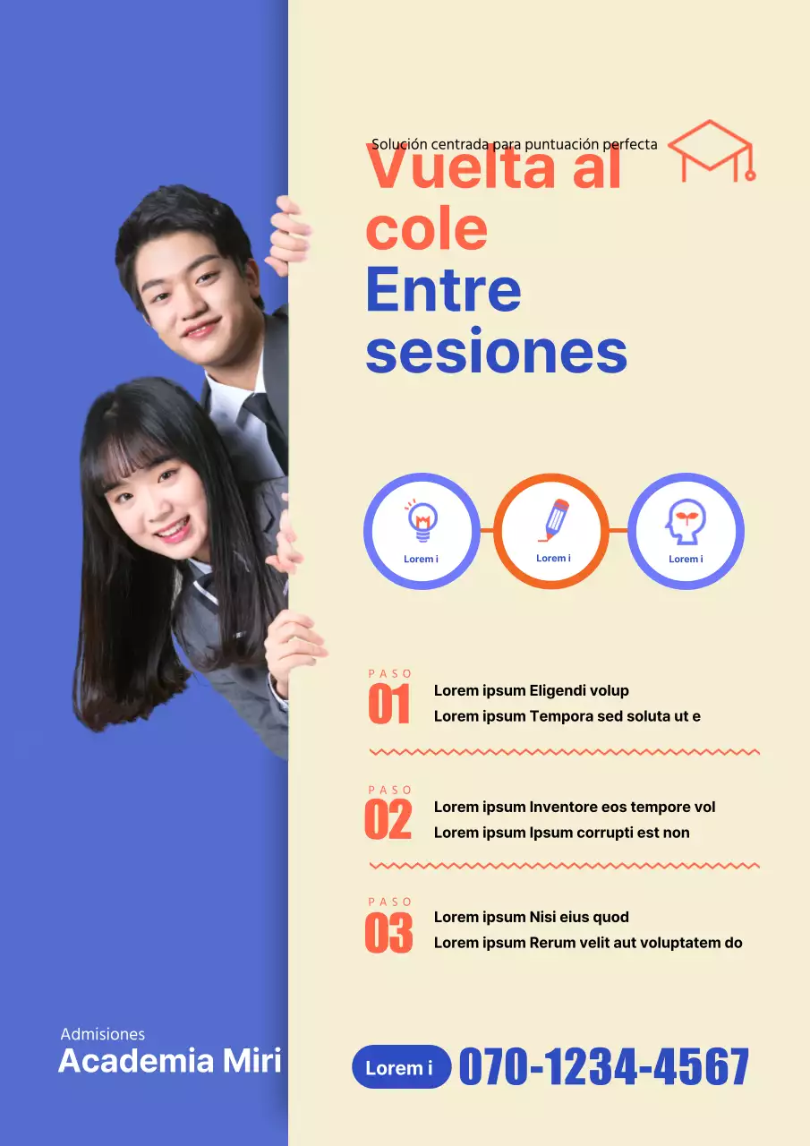Material promocional para el nuevo curso académico en una escuela especializada para estudiantes de secundaria con fotos azules y naranjas de estudiantes.