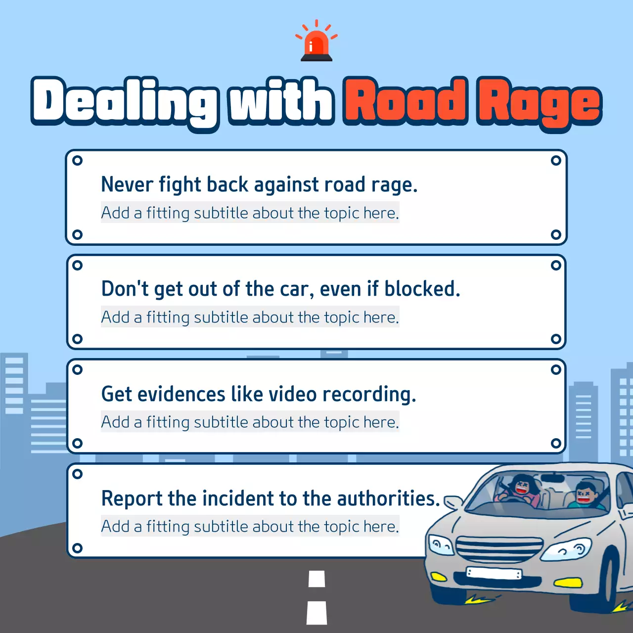 Causes and types of retaliatory driving in light blue and gray illustration concept