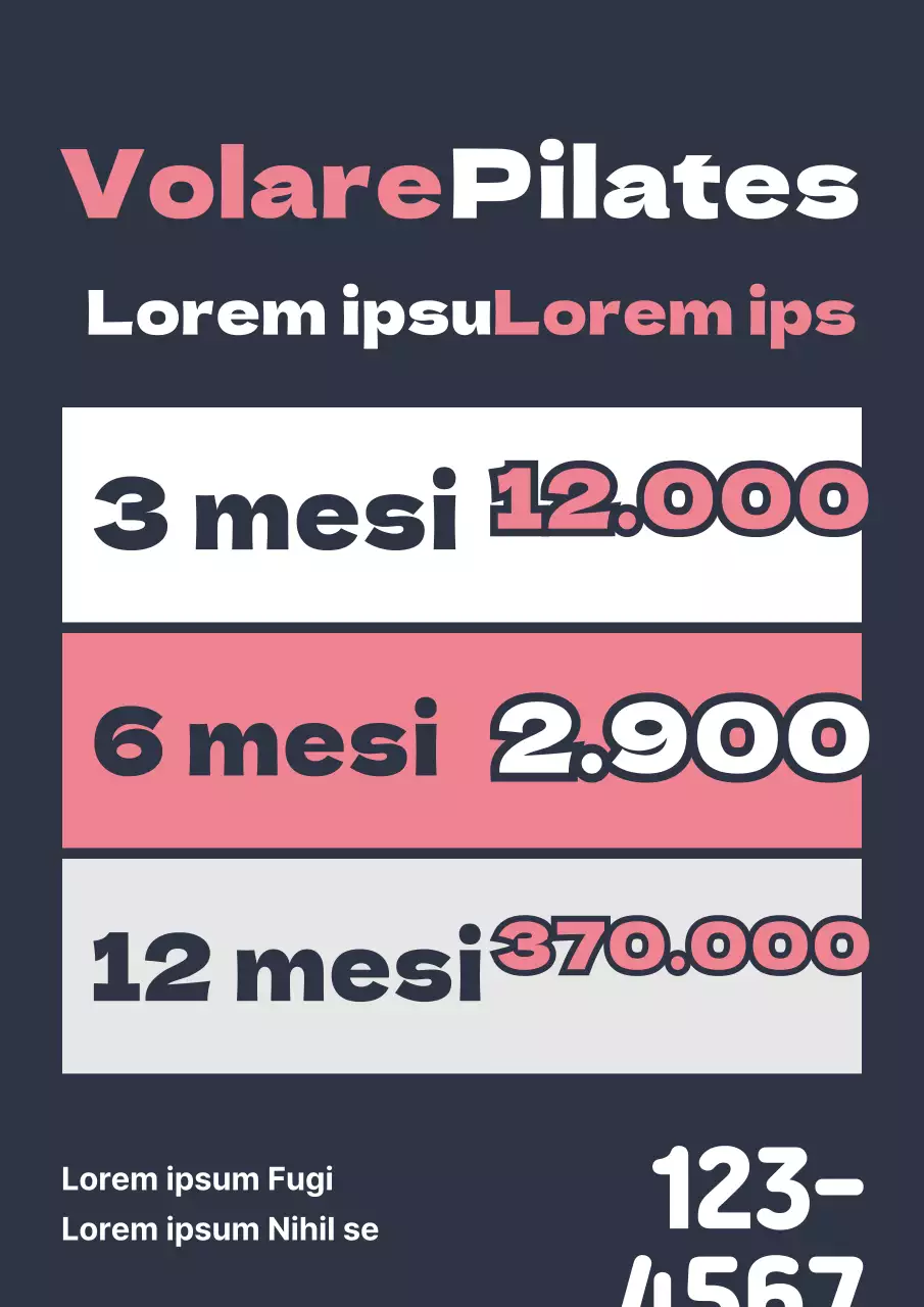 Una semplice promozione per una scuola di pilates con un menu in blu navy e rosa.