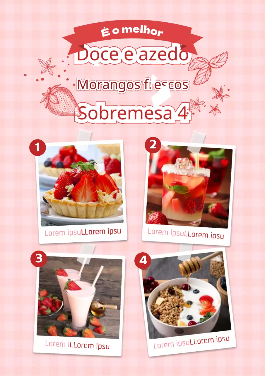 Tema de introdução à sobremesa de morango cor-de-rosa e refrescante