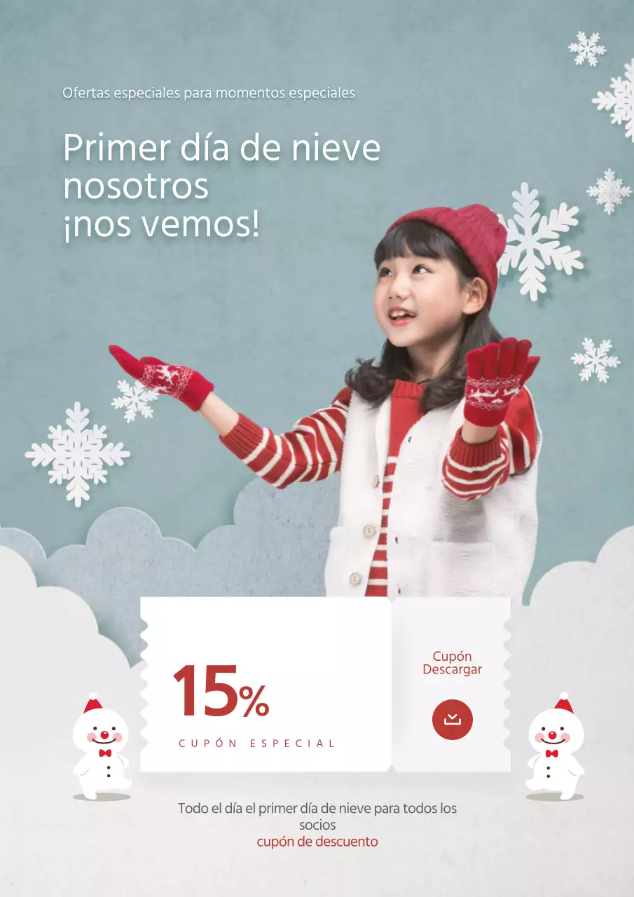 Promocione un bonito evento del día de la nieve con un niño celeste y un paisaje nevado