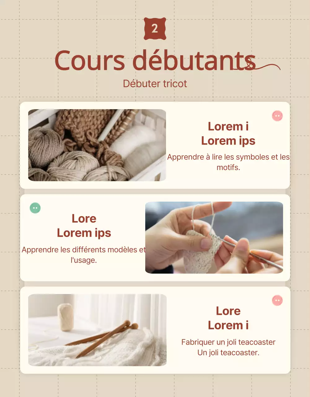 Promouvoir le recrutement pour un cours de tricot en beige et rouge.