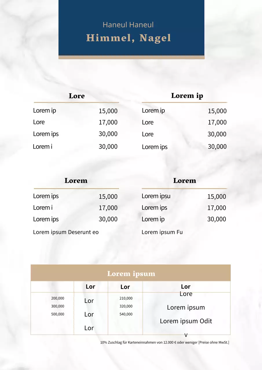 Werben Sie für ein luxuriöses Nailart-Menübrett mit einem Marmormuster in Blau und Gold