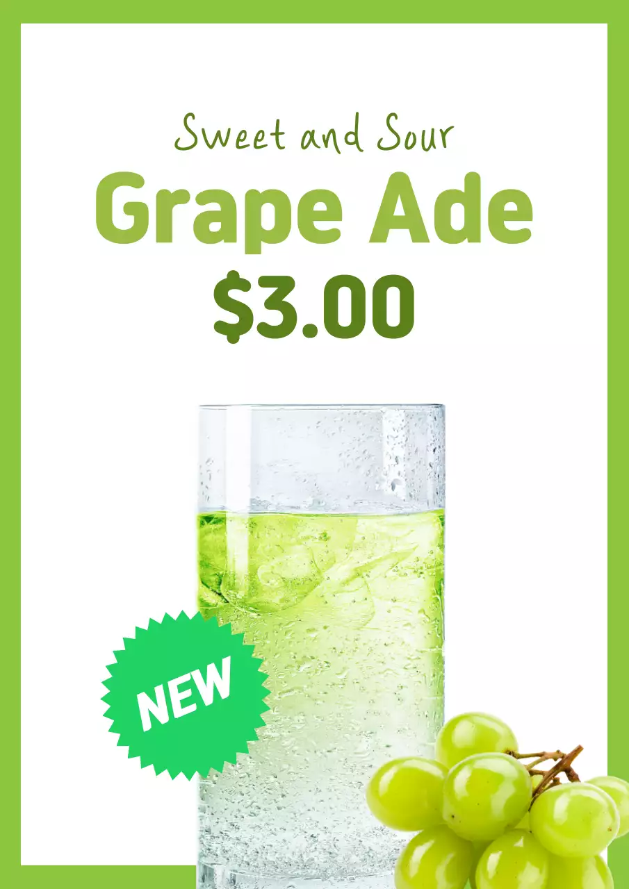 A simple lime green and white flyer promoting a new Muscat Ade drink.