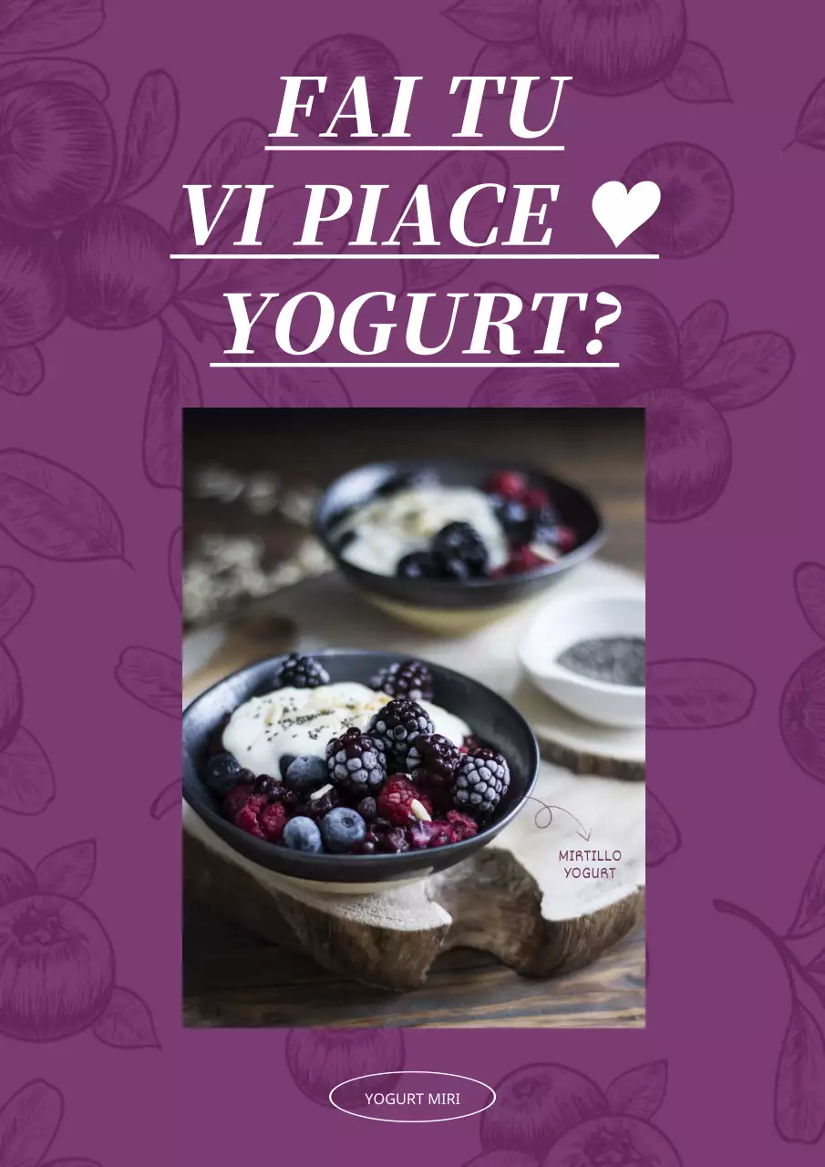 Poster promozionale di yogurt semplice con sfondo di disegno di mirtilli viola