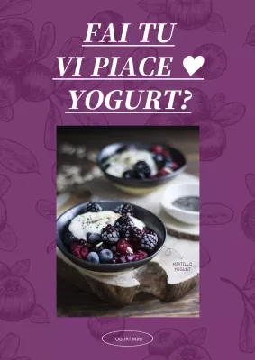 Poster promozionale di yogurt semplice con sfondo di disegno di mirtilli viola