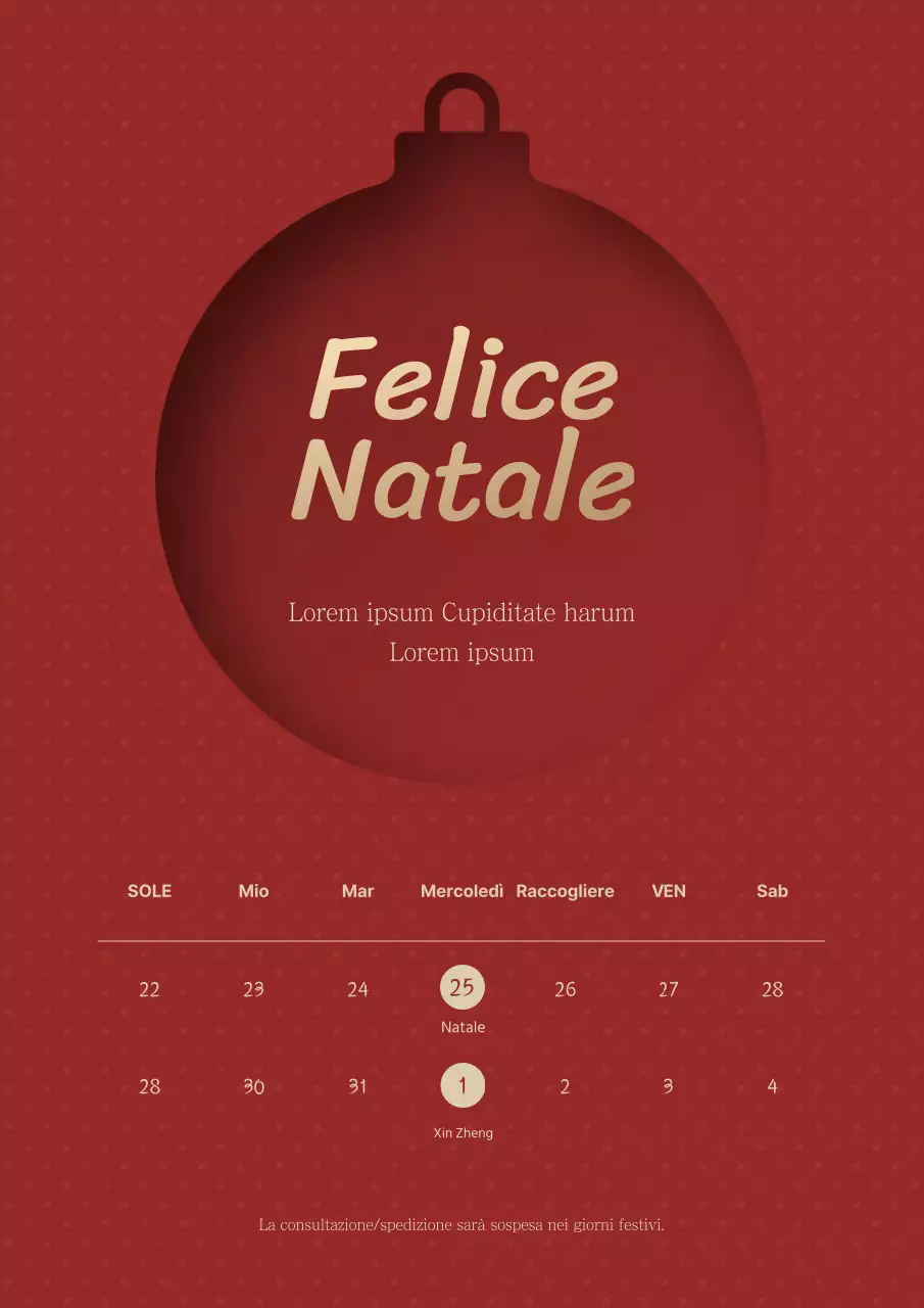 Calendario festivo semplice e di classe con illustrazione di un albero in rosso