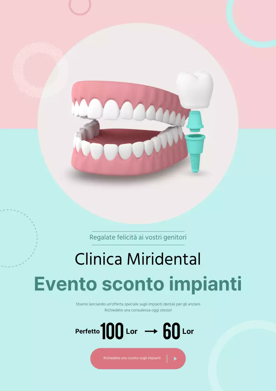 Evento sull'impianto dentale con illustrazioni di denti rosa e menta