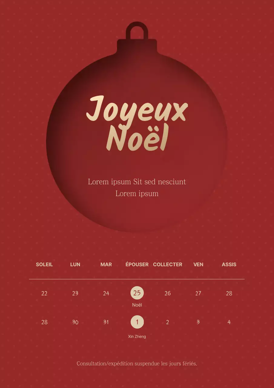 Calendrier de vacances simple et élégant avec illustration d'un arbre en rouge.