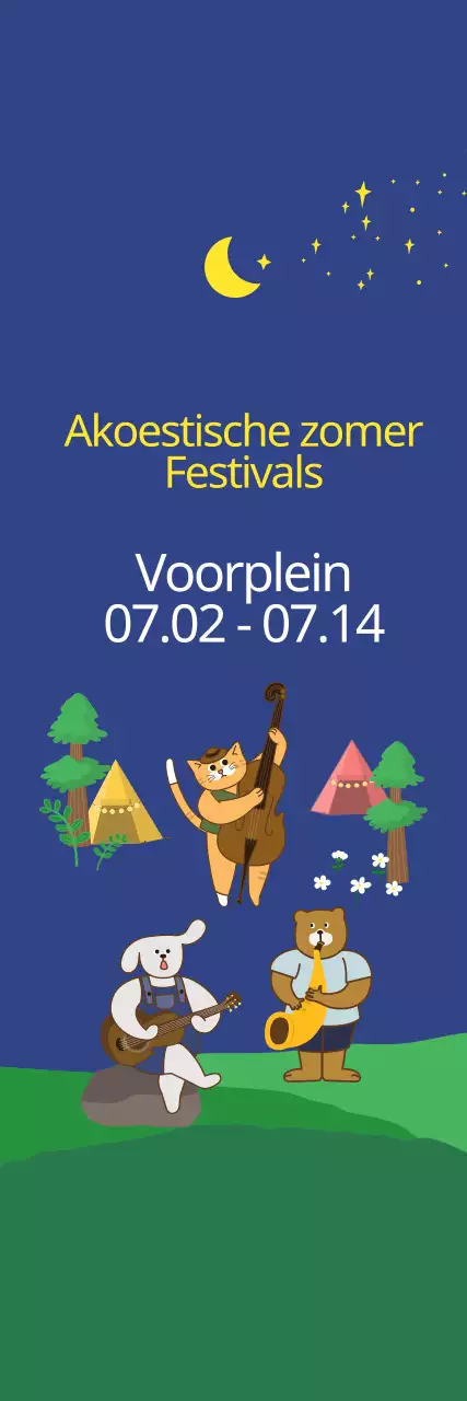 Schattige illustratiestijl in donker marineblauw en geel voor informatie en promotie van akoestische zomerfestivals
