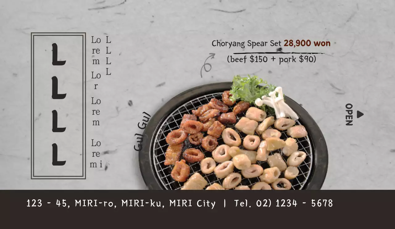 Uma combinação de texto simples e fotografias de comida em cinzento e castanho escuro para promover e informar o restaurante