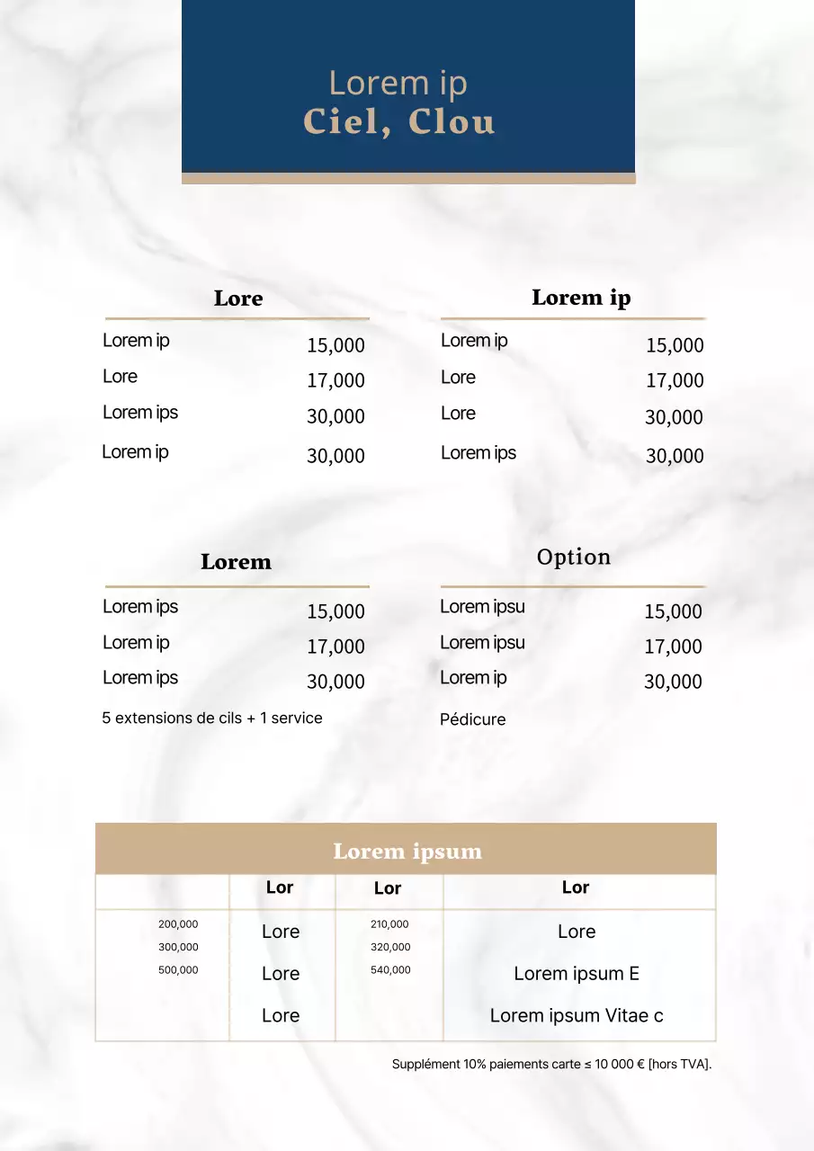 Promouvoir un tableau de menu luxueux pour le nail art avec un motif marbré bleu et or