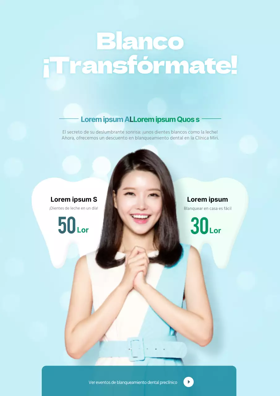 Promocione su evento de quiropráctica dental con una foto de una persona sonriente de color azul claro