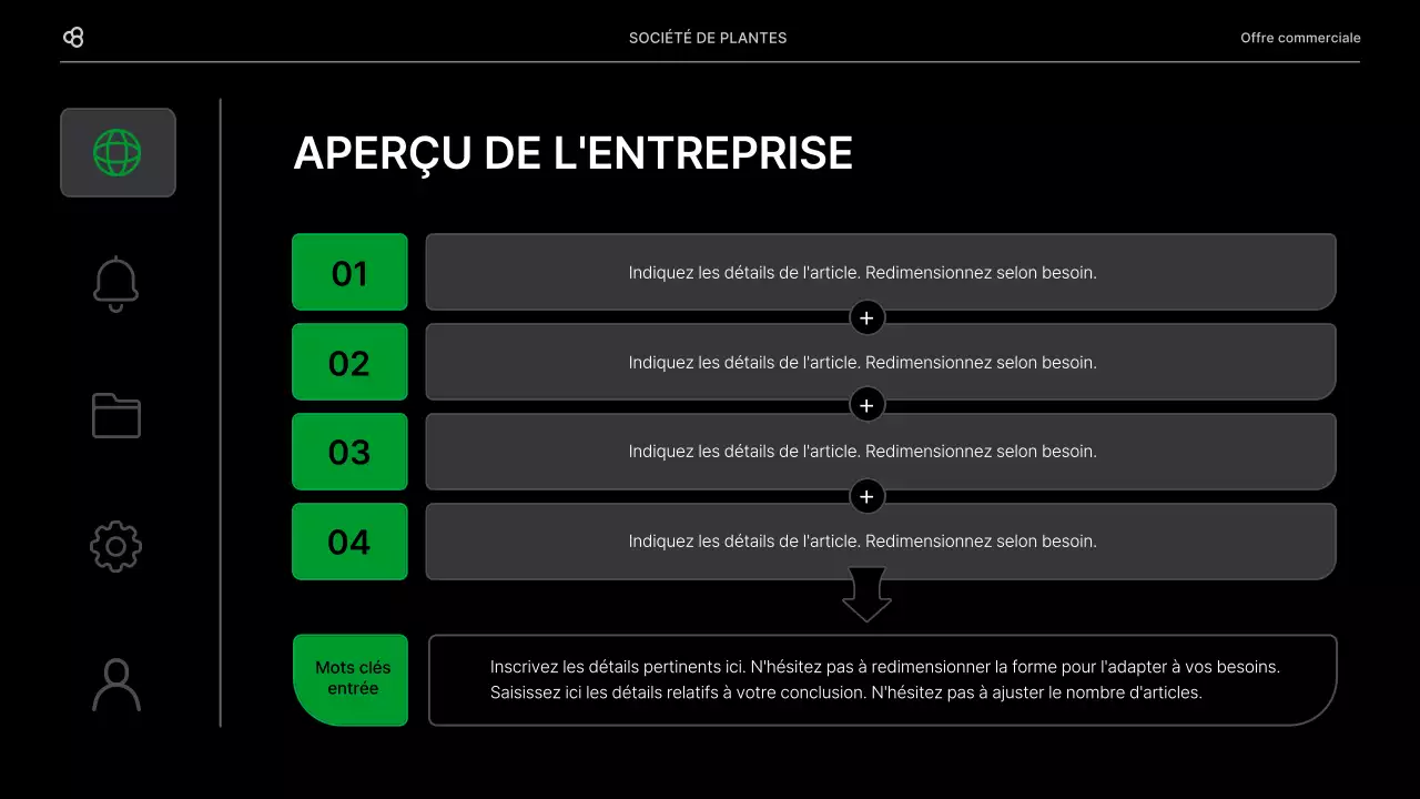Proposition d'affaires en noir et vert, concept de feuille naturelle