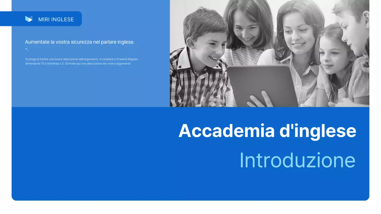 Un semplice prospetto aziendale della scuola di lingua inglese in bianco e blu