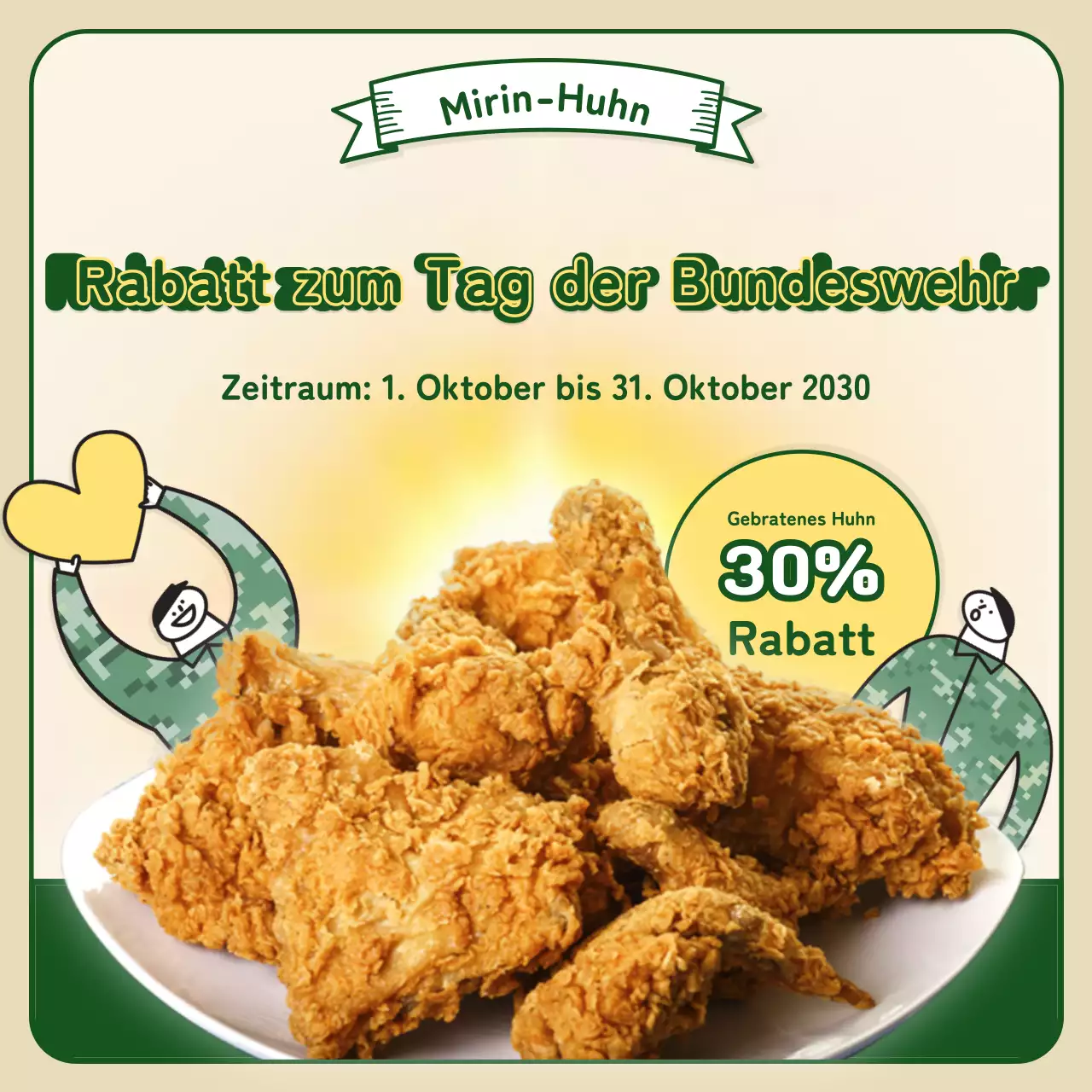 Armed Forces Day Chicken Event mit niedlichen Illustrationen in grün, khaki und gelb