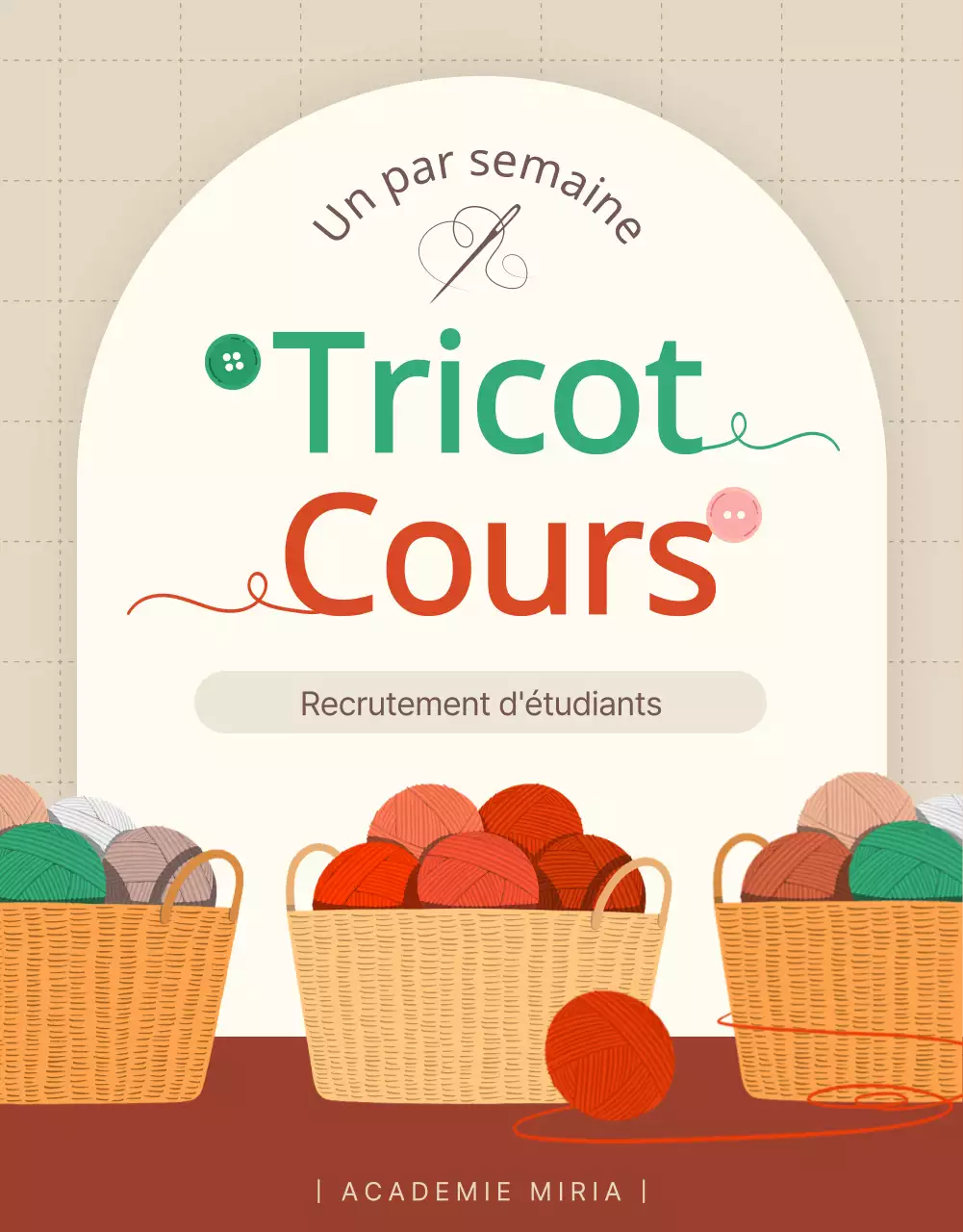 Promouvoir le recrutement pour un cours de tricot en beige et rouge.