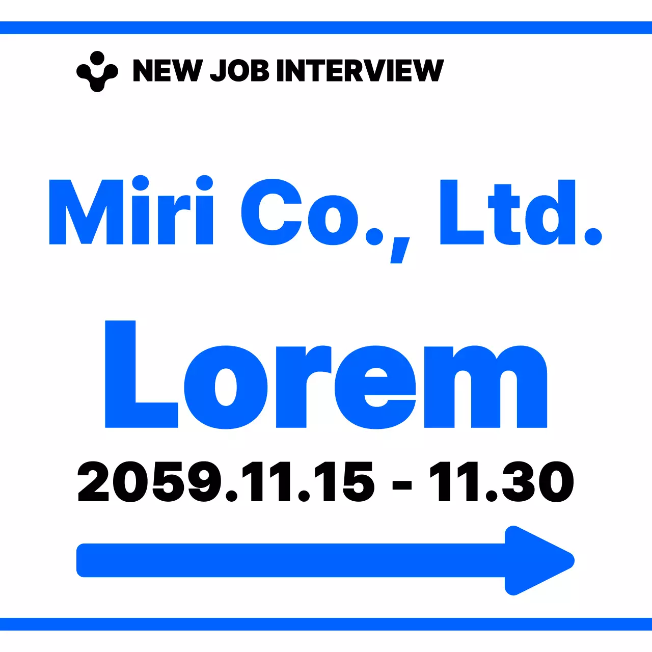 Simple blue and white color scheme with modern arrow icons and text phrases Layout style Directions to the new hire interview