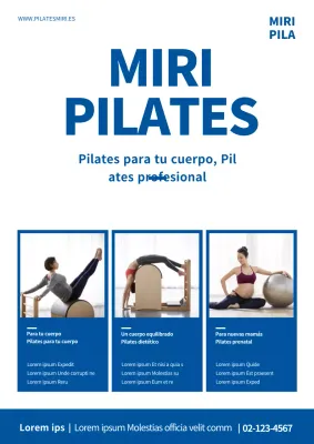 Promociona una escuela de Pilates limpia con una foto de una mujer haciendo Pilates vestida de azul.