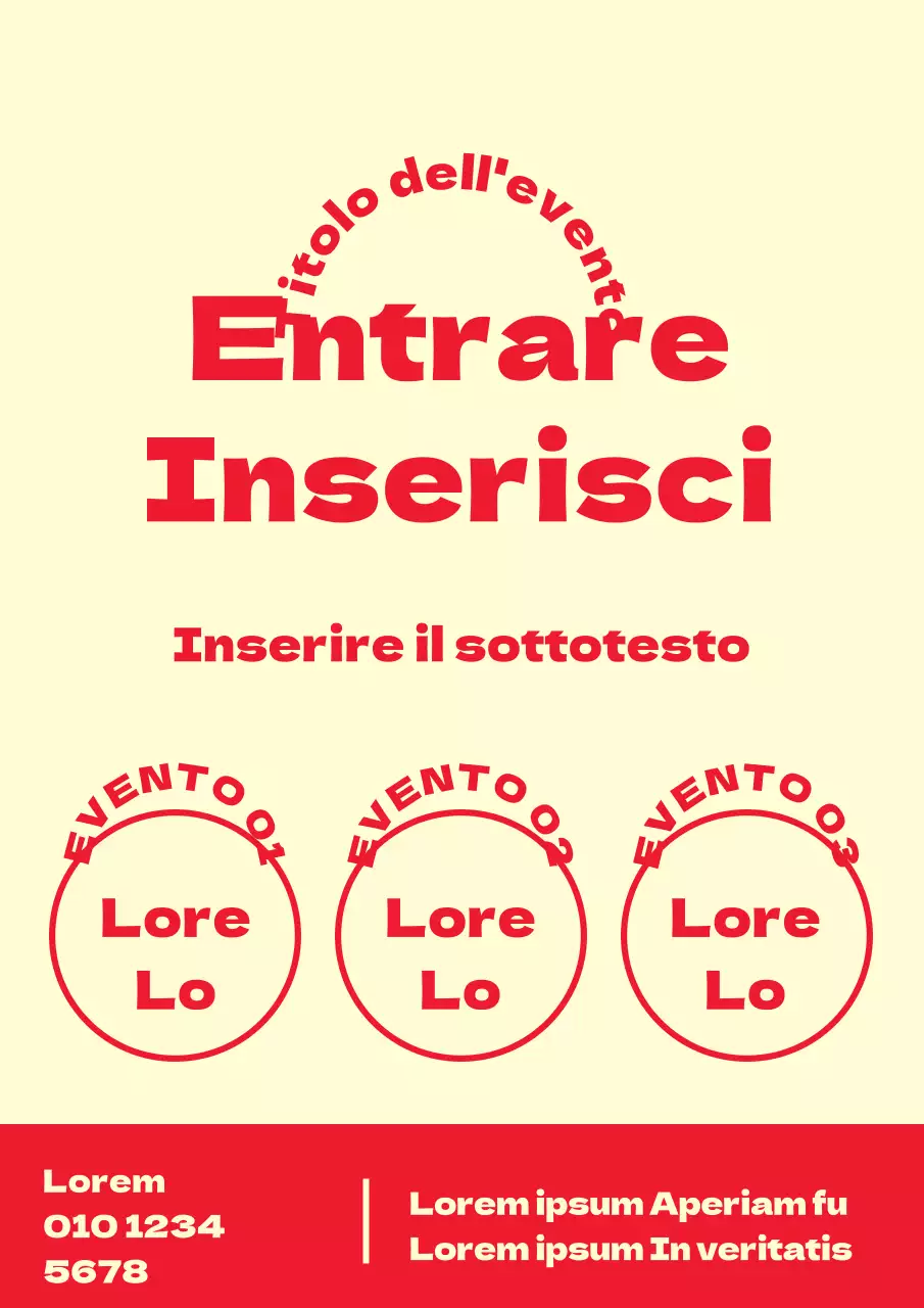 Un semplice volantino per eventi con forme e testo in giallo e rosso.