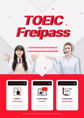 Nette Werbung für die TOEIC-Schule mit roten Bildern von Studenten und ausländischen Lehrern