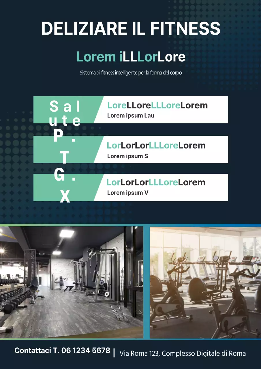 Reclutamento di nuovi iscritti alla palestra con foto della palestra in blu navy e menta