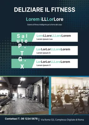 Reclutamento di nuovi iscritti alla palestra con foto della palestra in blu navy e menta