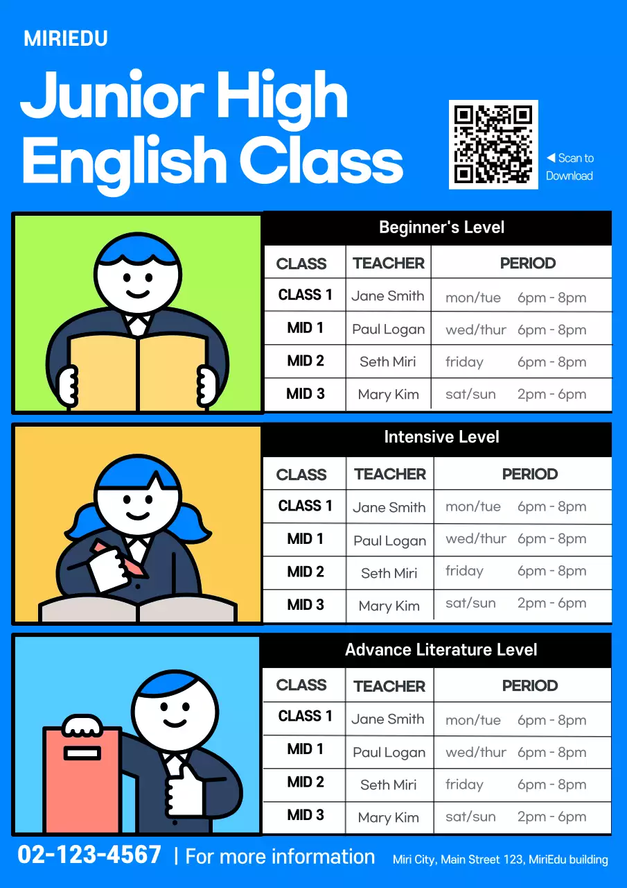 Blue Modern English Class Schedule Poster