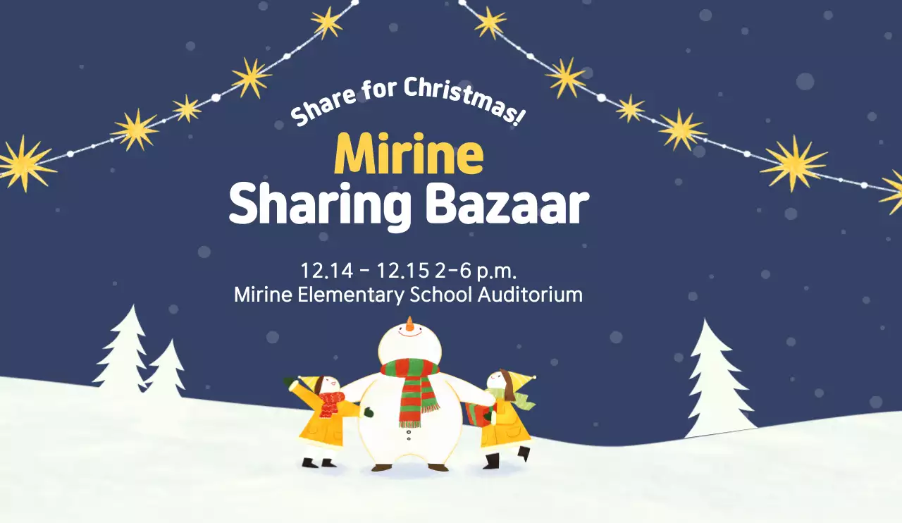 Natal, desain promosi bazar berbagi musim dingin dengan ilustrasi orang-orang lucu dan manusia salju di atas bukit bersalju