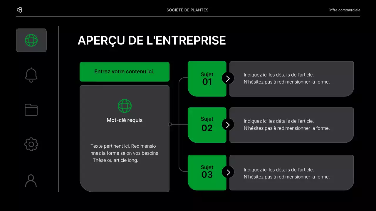 Proposition d'affaires en noir et vert, concept de feuille naturelle