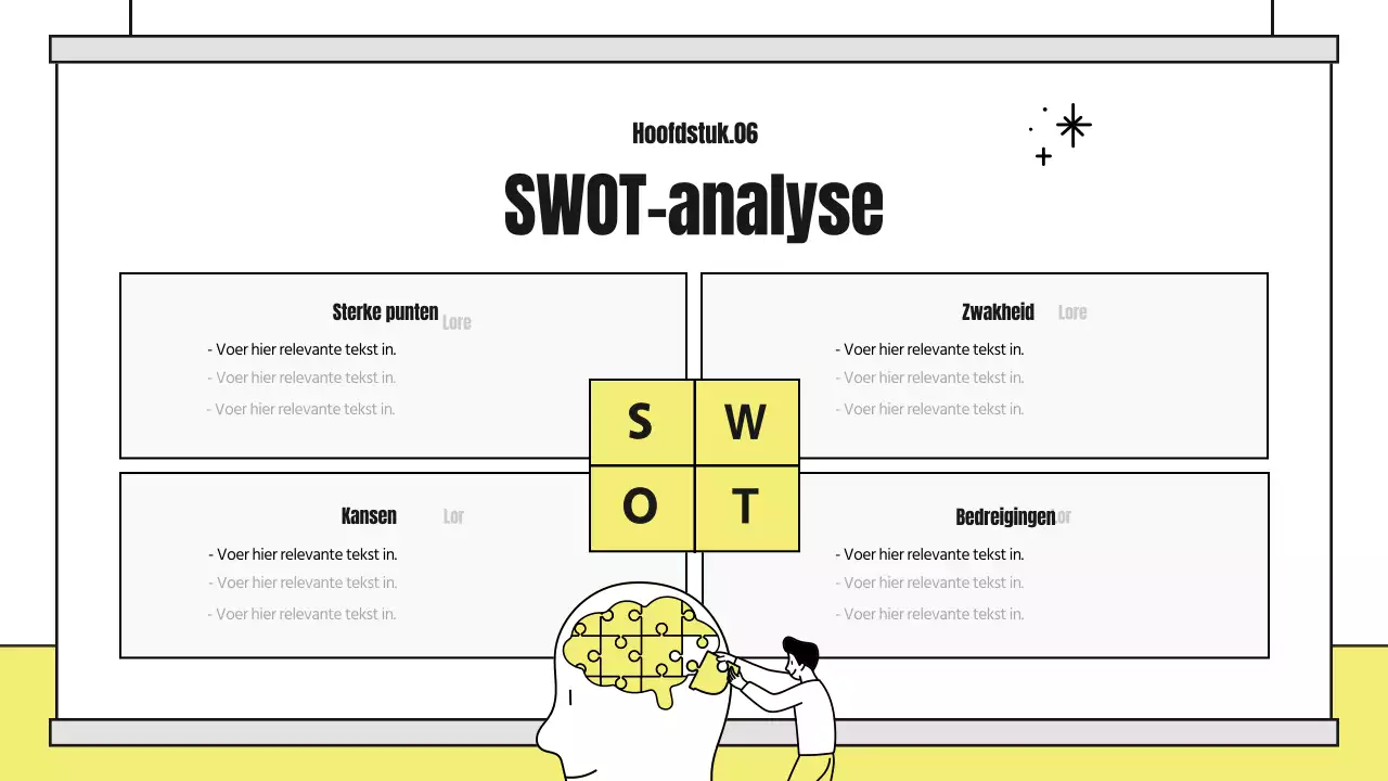 Een schattig geïllustreerd analyseverslag met gele en zwarte accenten