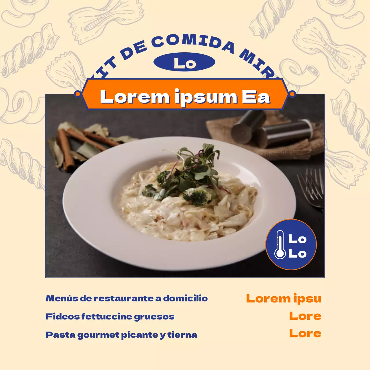 Promociona un moderno kit de comida de pasta en amarillo y naranja