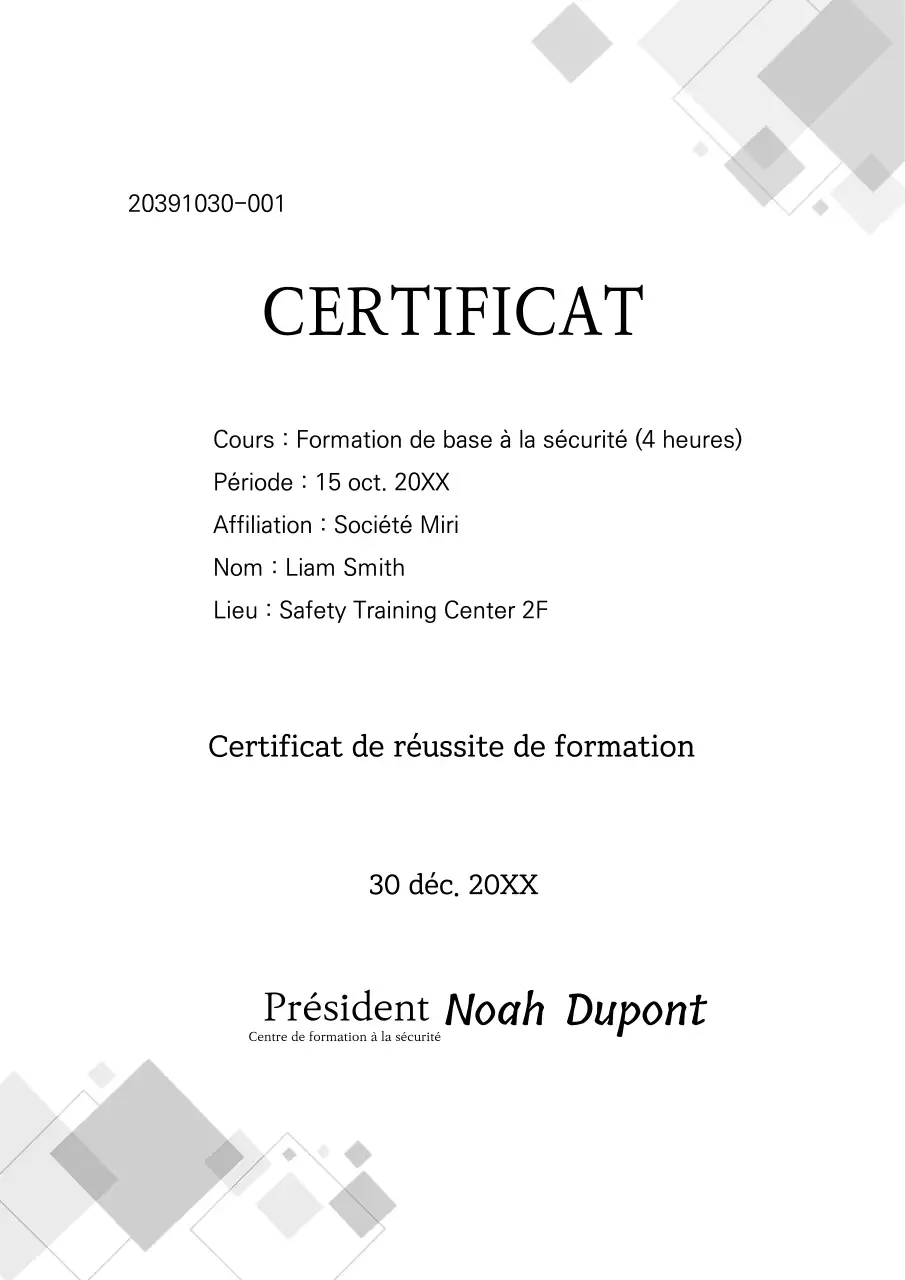 Certificat de formation à la sécurité en motif gris Certificat de formation à la gestion des ascenseurs