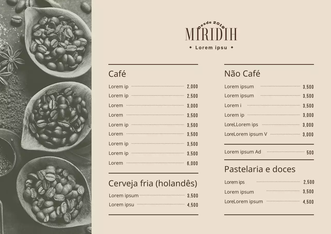 Cartaz horizontal do menu de um café com fotografias em tons quentes de bege