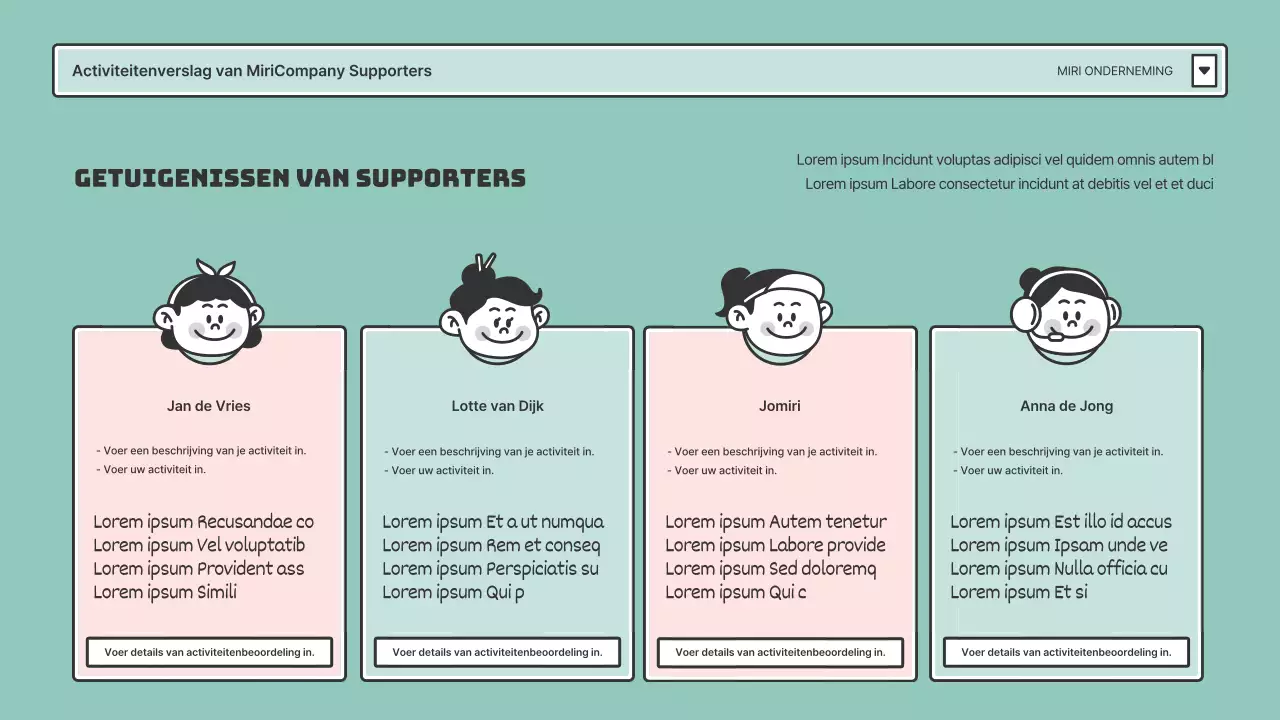 Supportersrapporten in roze en mintkleurige browserframes