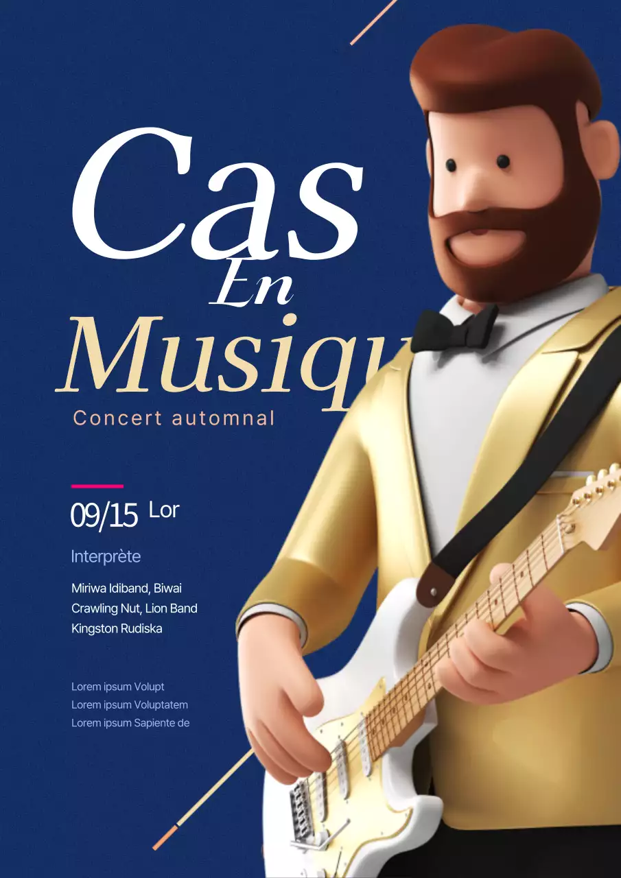 Promouvoir un simple concert avec un personnage en 3D jouant d'une guitare bleu marine