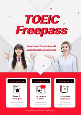 Promotion soignée de l'école TOEIC avec des photos rouges d'étudiants et de professeurs étrangers