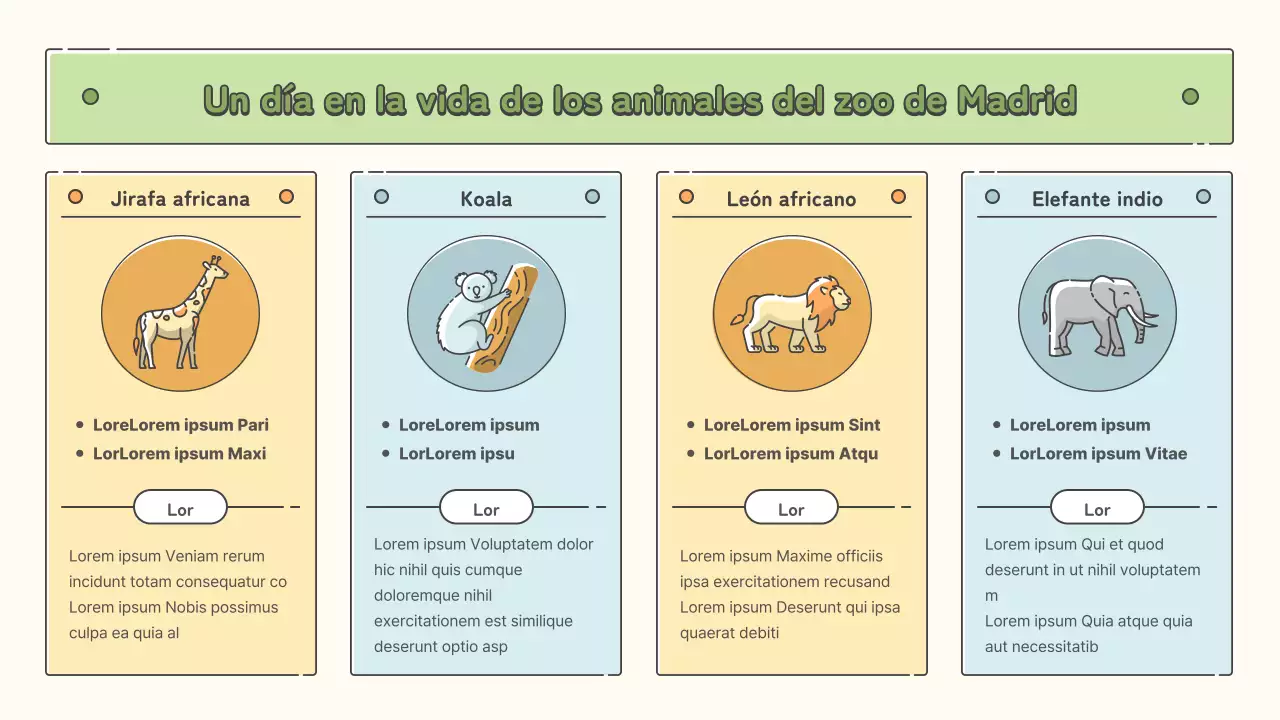 Material educativo del zoo en tonos pastel de amarillo, chartreuse y azul claro