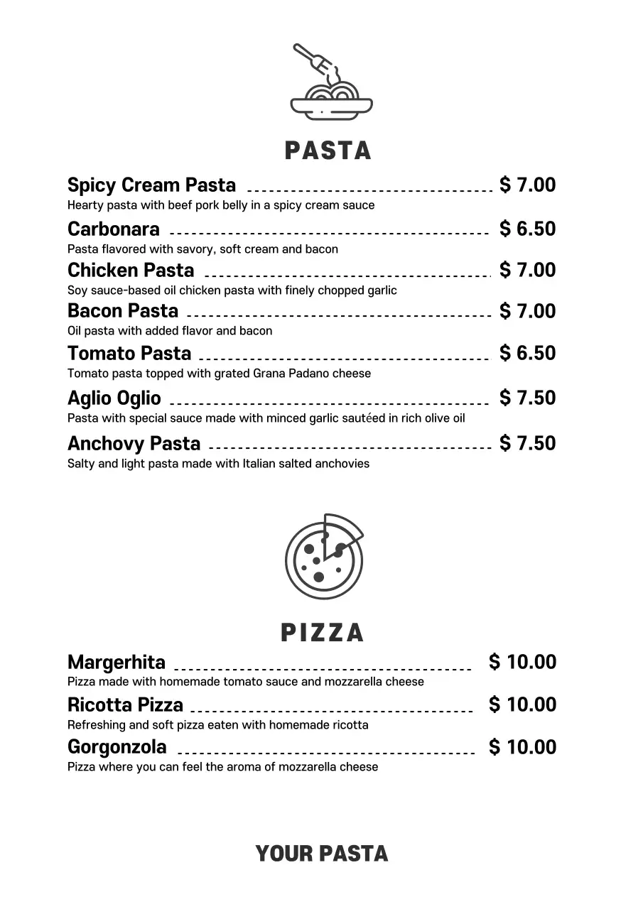 Black Minimal Pasta Menu Poster