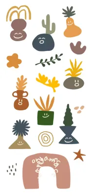 Organic minimalist potted characters and shapes with various expressions in muted colors.