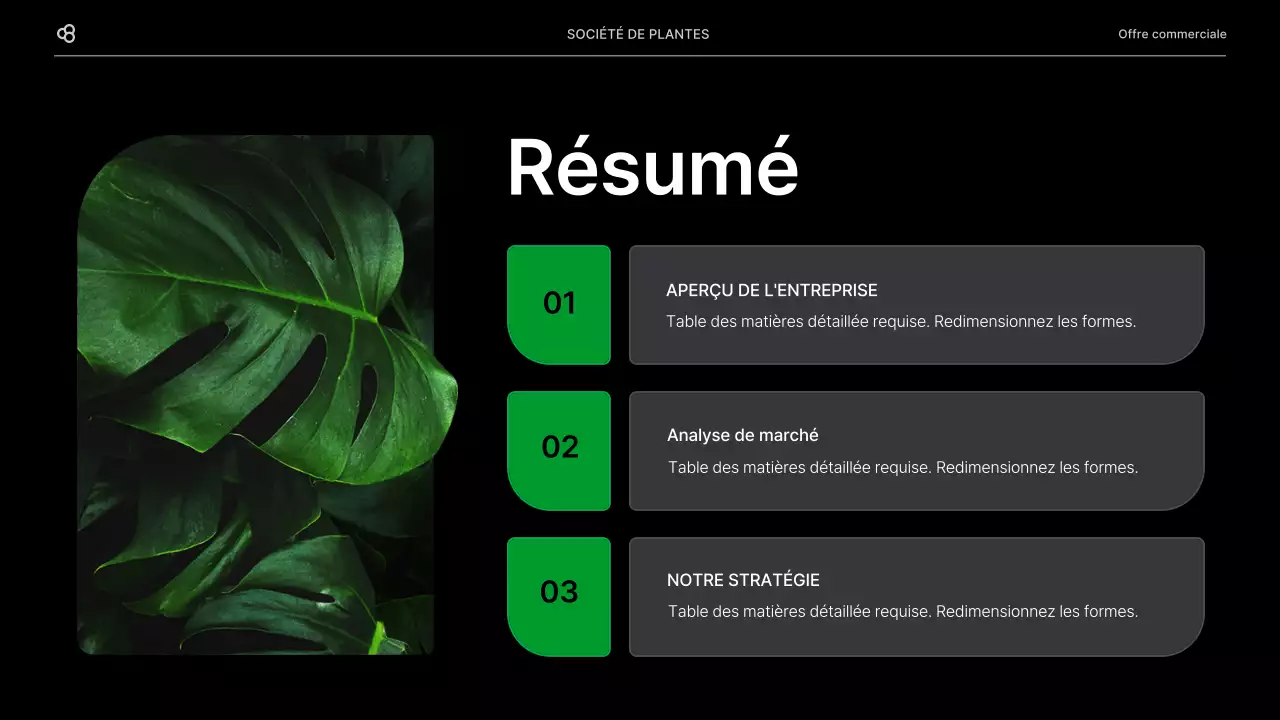 Proposition d'affaires en noir et vert, concept de feuille naturelle