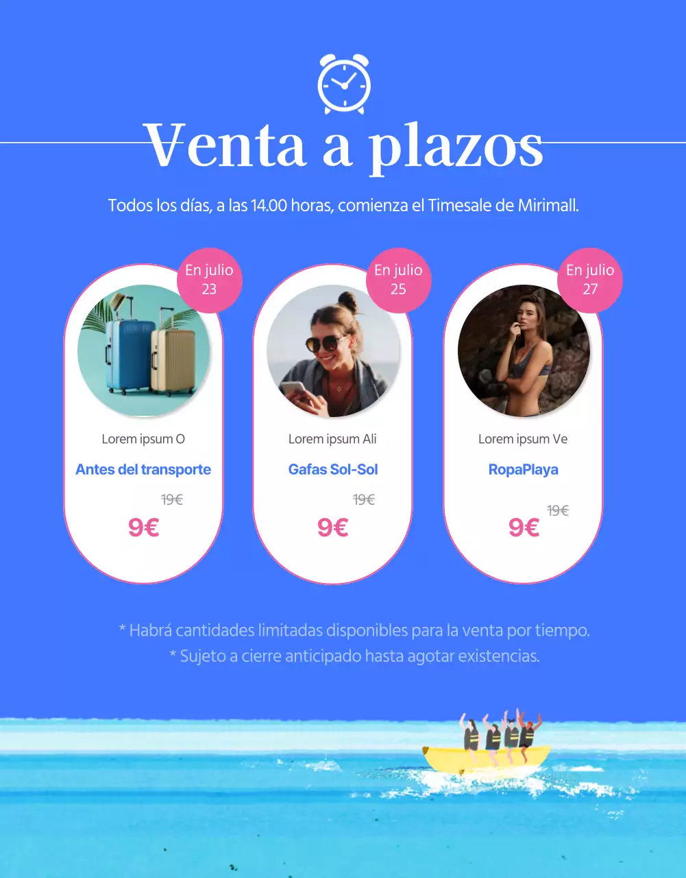 Promociona tu gran venta de verano con toques de azul y rosa