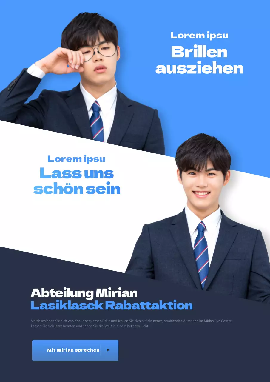 Werbung für eine Veranstaltung zur Lasik-Operation am schrägen Auge mit einem männlichen Modell in Blau.